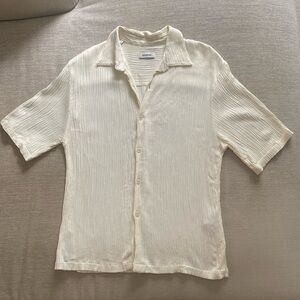 Sandro Textured Crinkled Satin Short Sleeve Button Down Shirt Cream Off White M